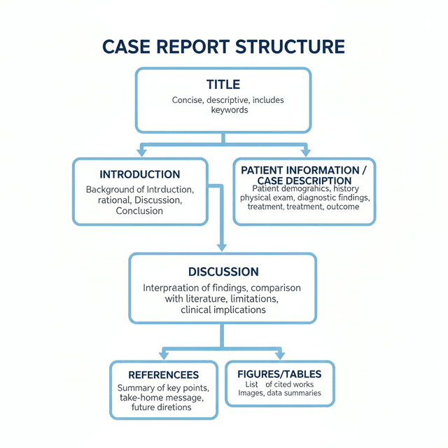 Case report structure diagram connecting title, introduction, patient information, discussion, and references